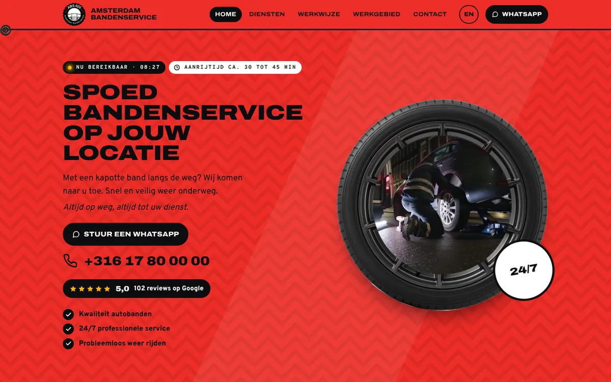 De website van ABS 020 Bandenservice, ontworpen en gebouwd door Web4Work